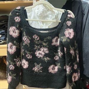 Anthropologie Black and Pink Floral Sweater